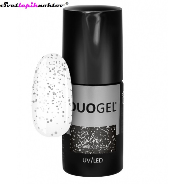 DUOGEL LED/UV-Top Coat No Wipe, Silver, 6 ml, nadlak za trajno lakiranje nohtov s srebrnimi bleščicami