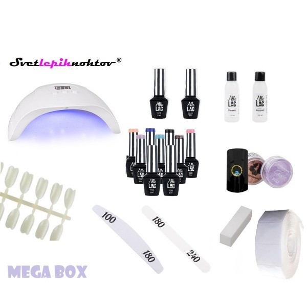 Mega Box- začetni komplet za trajno lakiranje nohtov s 7 LED/UV-laki in hibridno LED/UV-lučko