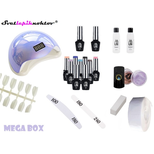 Mega Box- začetni komplet za trajno lakiranje nohtov s 7 LED/UV-laki in hibridno LED/UV-lučko